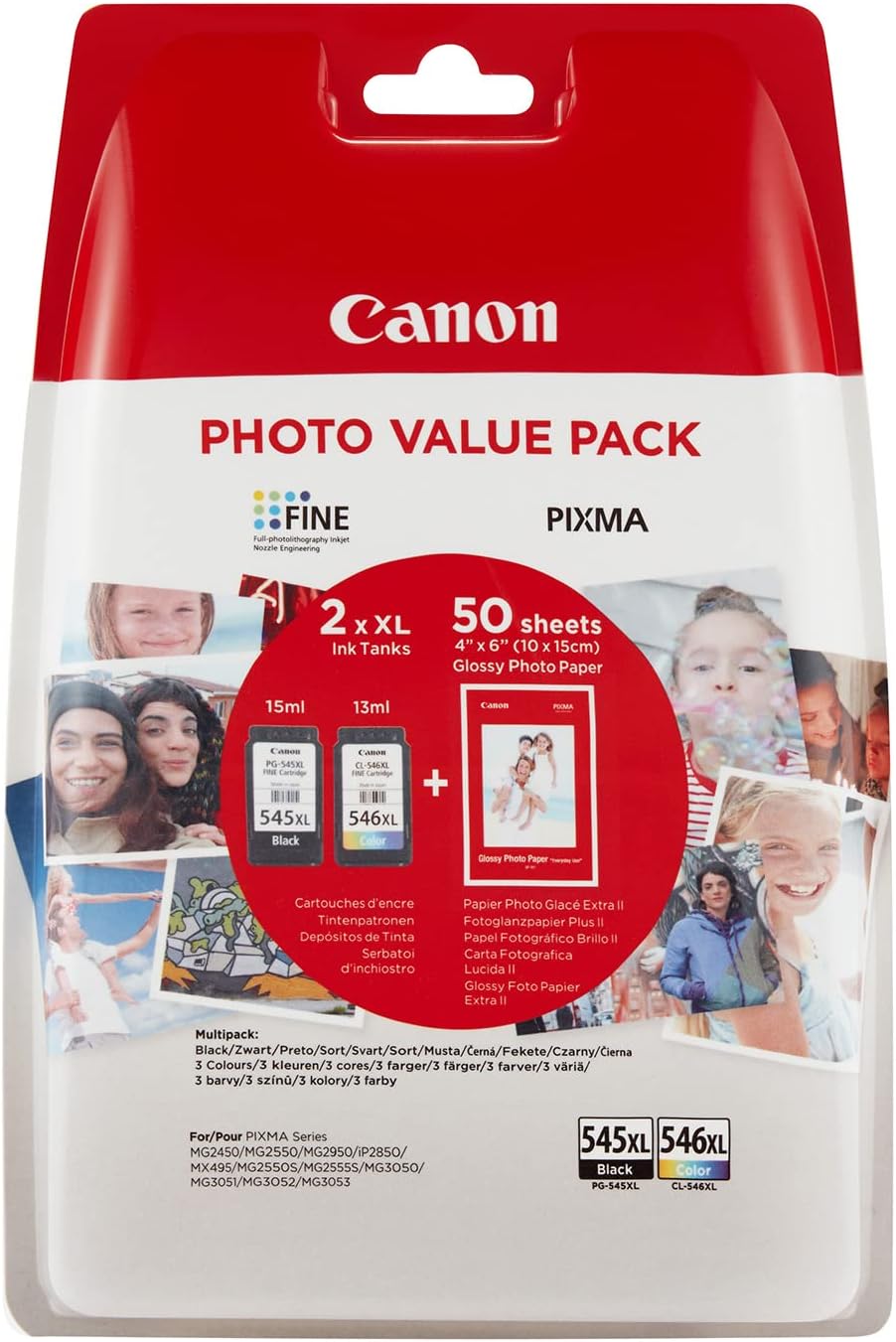 Canon Genuine Ink Cartridges PG-545XL/CL-546 XL + Photo Paper Value Pack For Selected T, TR, IP, MX and MG Series, Black/Yellow/Magenta/Cyan,2421U95