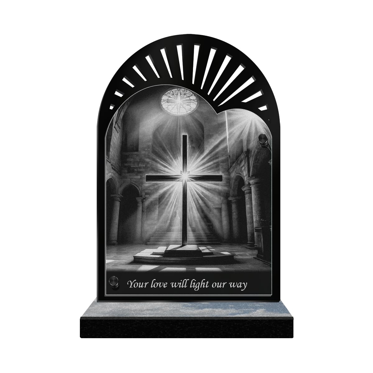 ETERNEL - Personalized Funeral Plaque Sun Rays - Christian Cross, Church, Christian - Customizable text, laser-engraved funeral plaque for tribute cemetery tombstone ceremony
