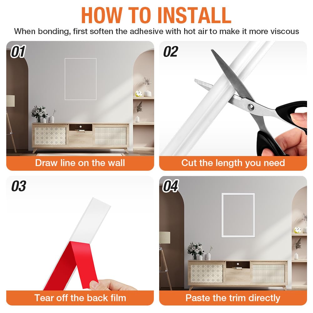 Listones Autoadhesivos para Decoración de Pared, 2.2cm x 3m, Molduras Decorativas Flexibles para Paredes Molduras, para Decoración DIY, Kits de Moldura Adhesiva para Rodapies Zocalos,Blanco
