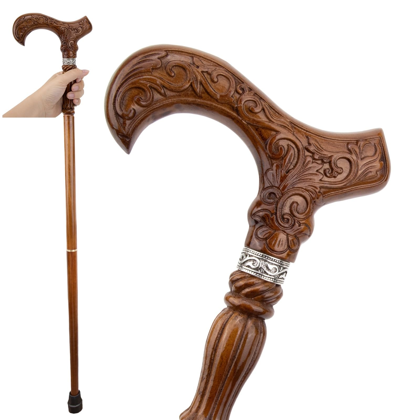 Spazierstock Aus Holz Mit Derby-Griff und Blumenmotiv