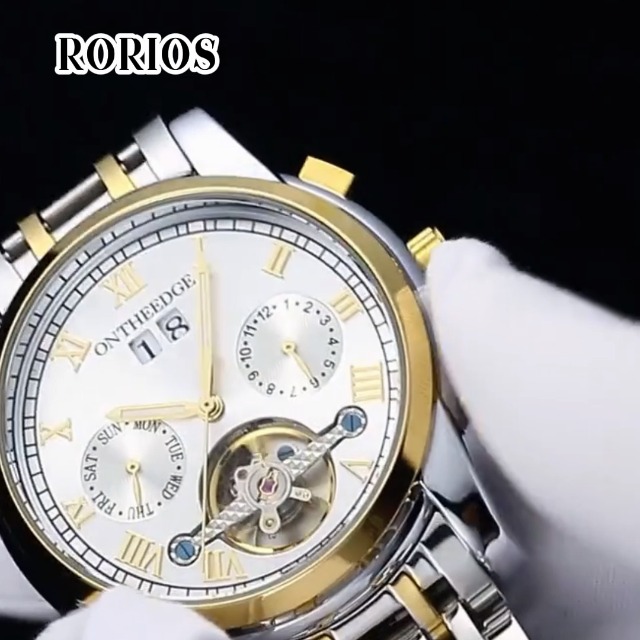 RORIOS Moda Automatico Meccanico Orologio Tourbillon Orologi da Polso Uomo Acciaio INOX Cinturino Calendario Luminoso Pointer Multifunzione Impermeabile Orologi