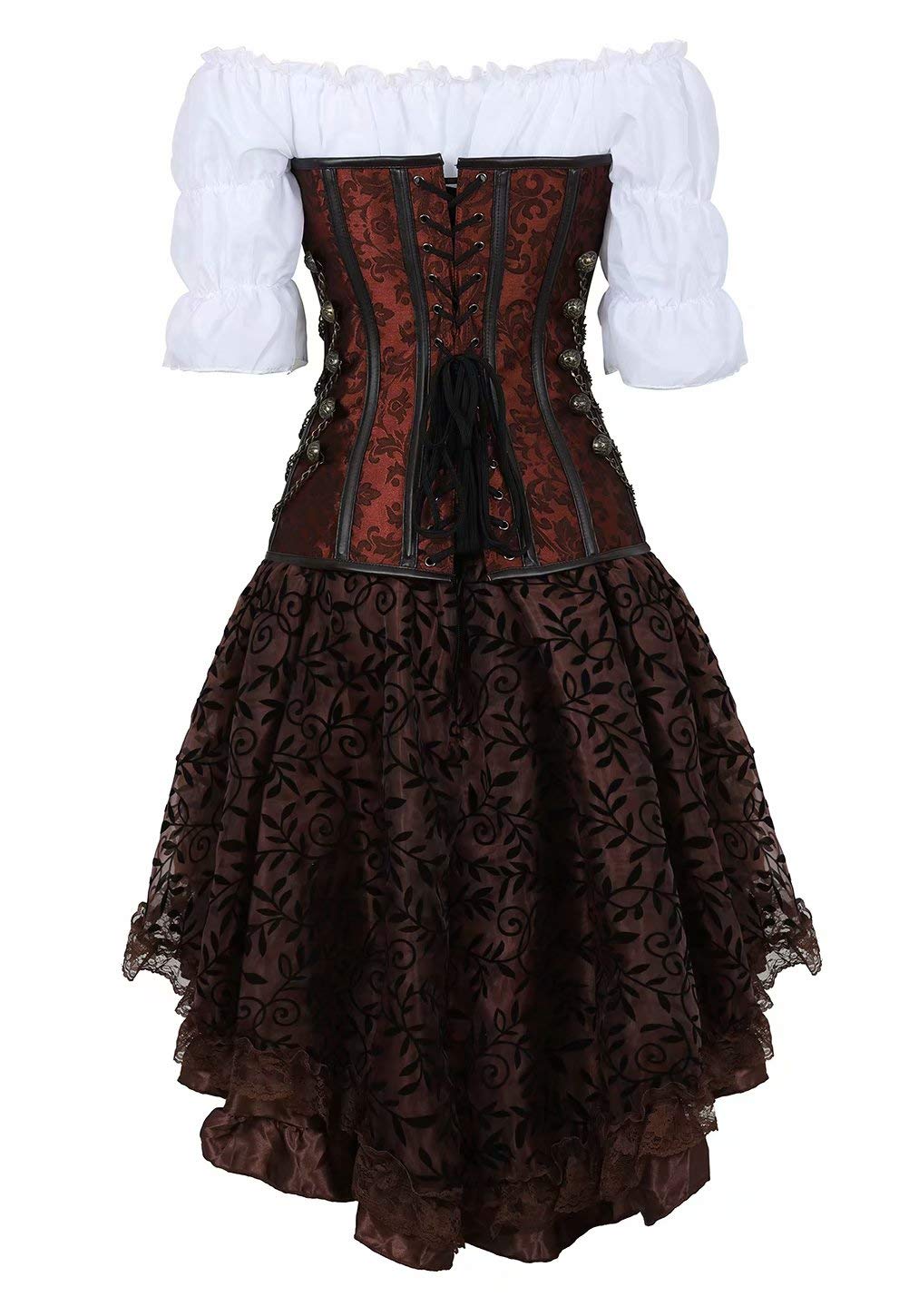 Jutrisujo Corsagenkleid korsett Kleid 3 Teiliges Steampunk Corsage piraten Kostüm mit Corset Dress Spitzenrock und Bluse für Halloween Braun 4XL