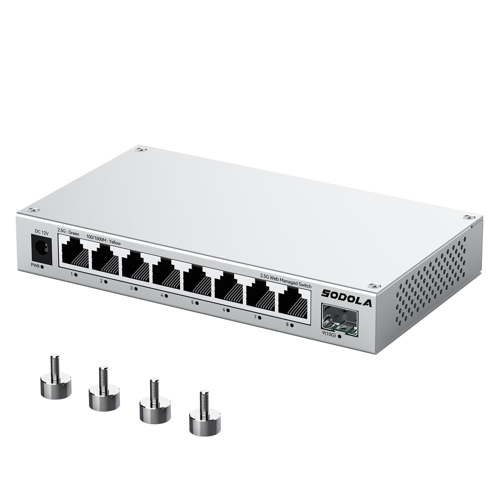SODOLA Switch Ethernet 2.5 Gbps 9 Porte gestite tramite il Web, 8 Porte 2.5G Base-T e 1 Porte 10G SFP+, Raffreddamento in lega di alluminio e Montaggio magnetico, Adatto per ufficio e casa