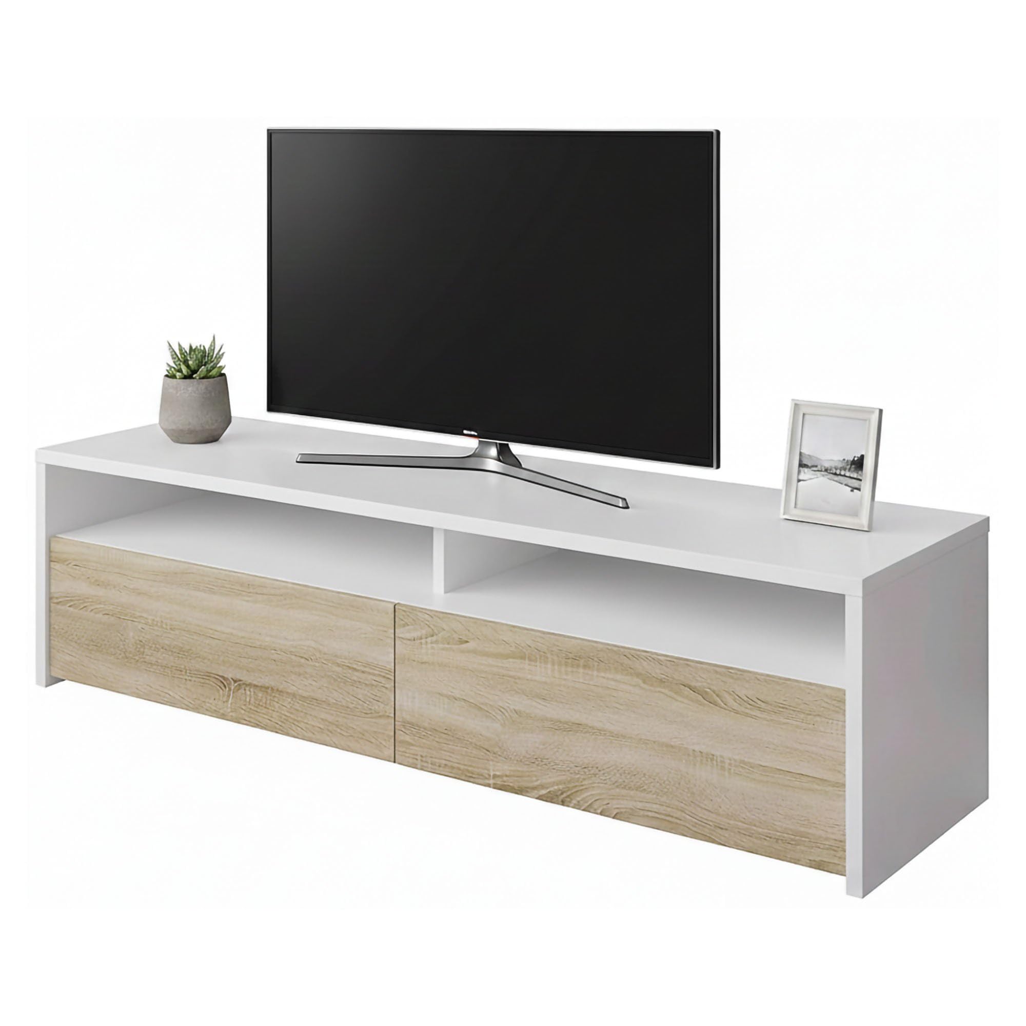 Dmora Mobile Basso TV 2 Ante-Legno Bianco e Rovere, 130 x 36 x 42 cm