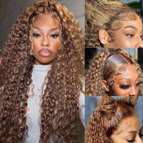 Image of bangjazz 13x4 Deep Wave Lace Front Wigs Human Hair Highlight Ombre 13x4 HD Transparent Lace Frontal Wigs Human Hair 180% Density P4 /27 Colored Glueless Curly Wigs for Black Women 20 Inch