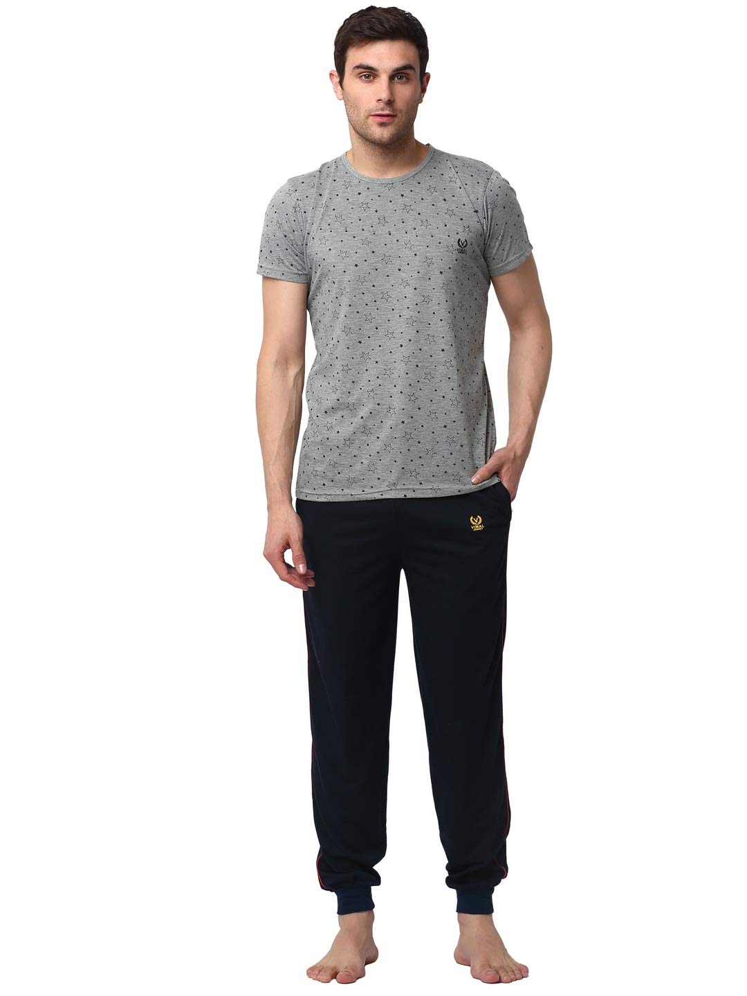 Men Cotton Blend Relaxed Night Suit Co-Ord Set with Round Neck Half Sleeve T-Shirt and Track Pant-Vj-Mns-Ttp-Group11