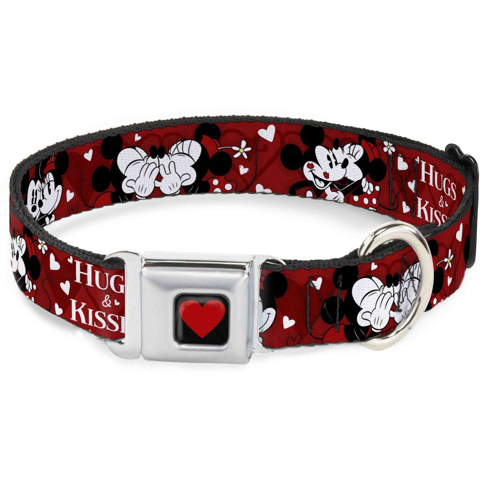 Buckle Down Seatbelt Buckle Dog Collar - Mickey & Minnie HUGS & KISSES Poses Reds/White - 1" Wide - Fits 15-26" Neck - Large