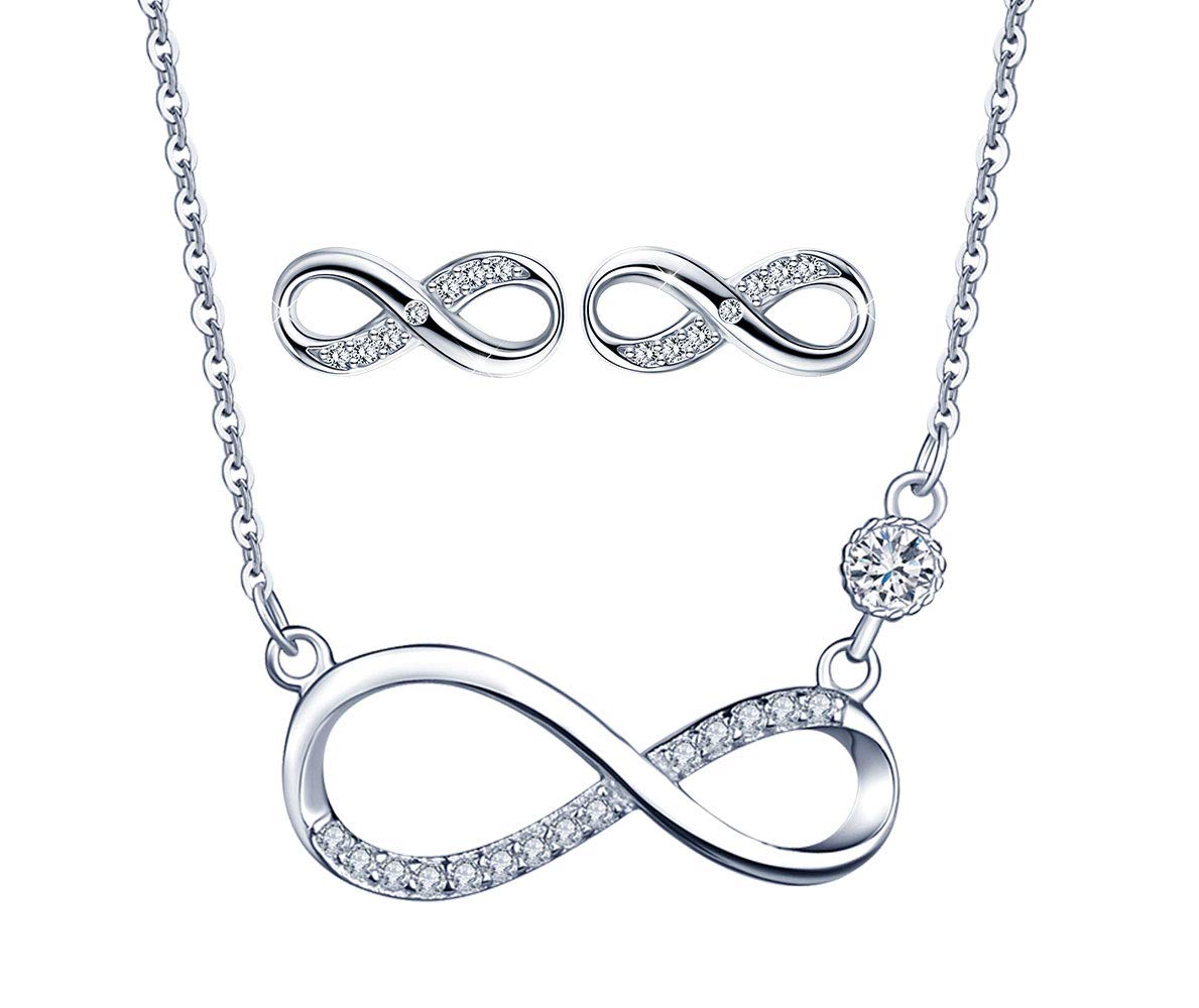 Yumilok Pendientes de mujer símbolo de infinito collar de plata esterlina zirconia conjunto stud pendientes conjunto collar de moda fina
