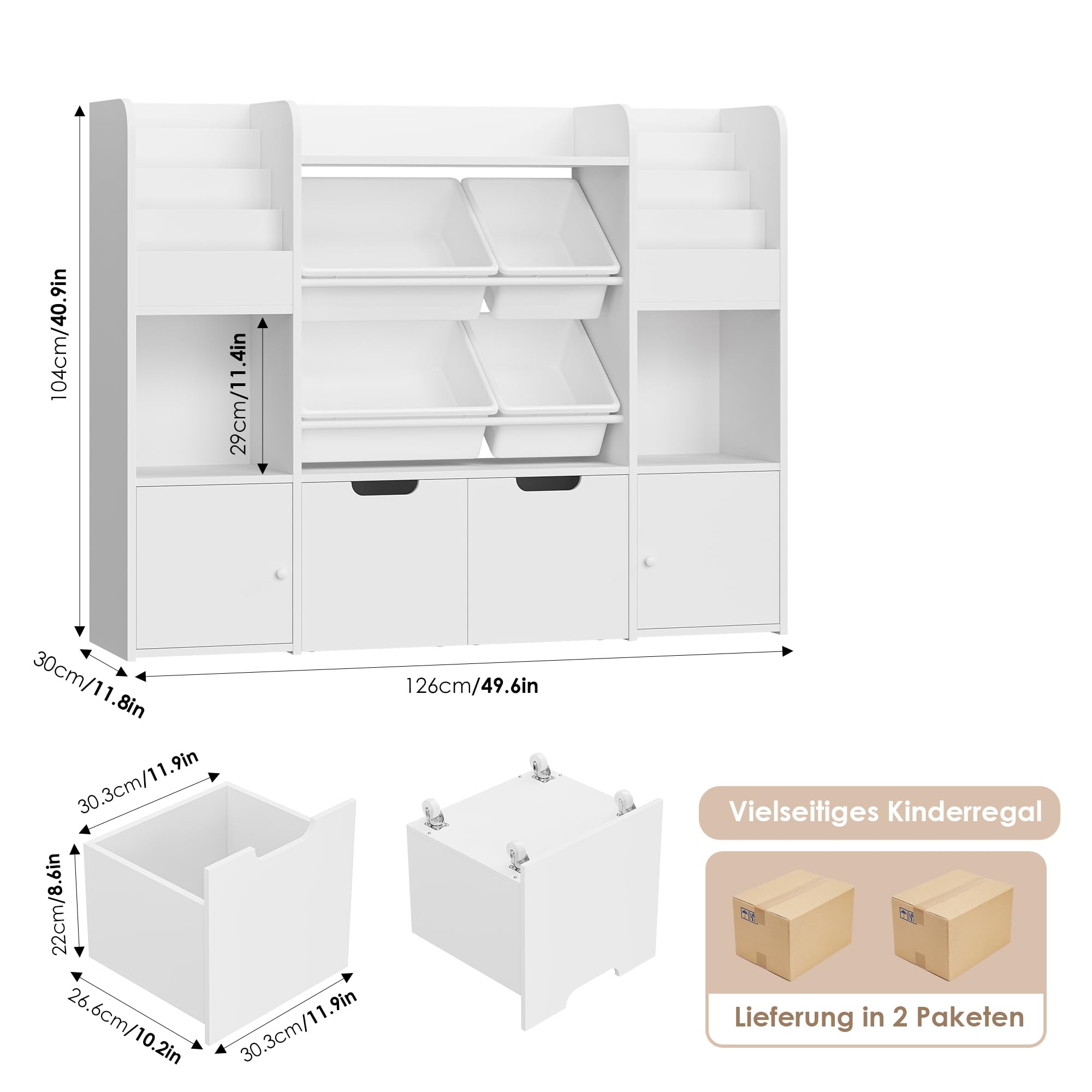 FOREHILL Kinderregal mit 6 Boxen, Spielzeug Aufbewahrung für Kinderzimmer | Kinderregal, Kinderzimmer Möbel mit Kinderschrank, Bücherregal Kinder für Kindergarten, Leseecke 126x30x104 cm Weiß