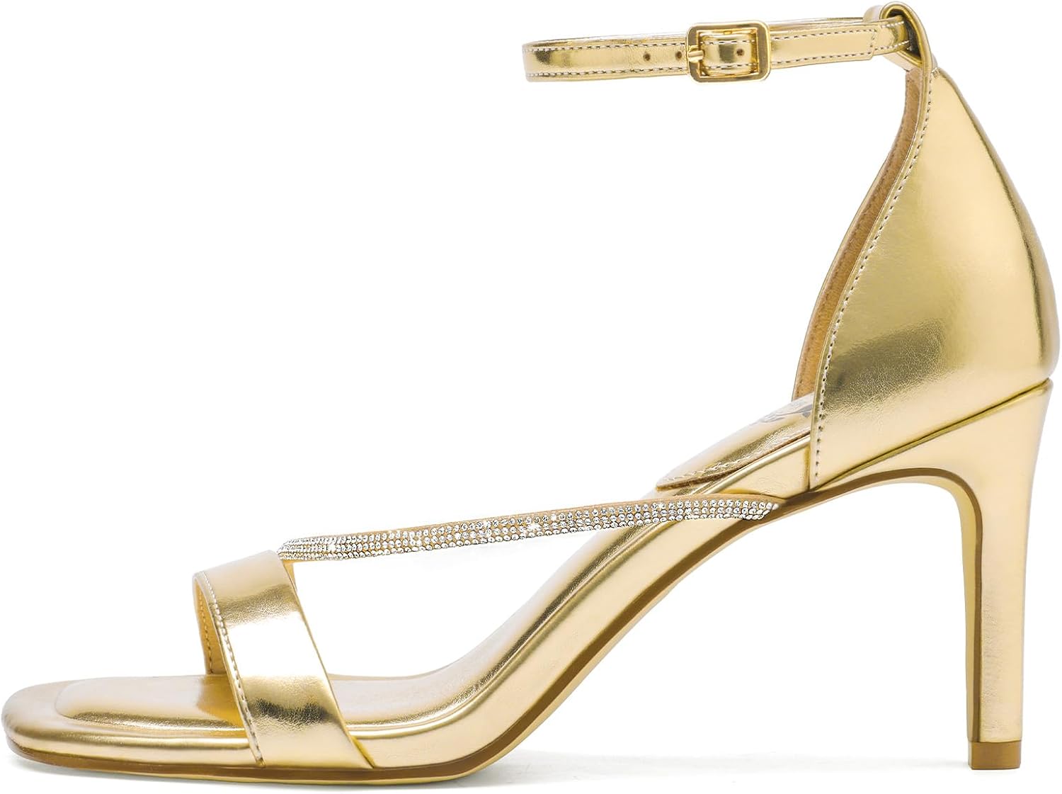 Pasuot Strappy Heels for Women - Open Square Toe Sparkly Stiletto Heel, Rhinestone Straps High Heeled Sandals for Party Prom Homecoming Office Wear, Gold Silver Black Nude, Not for Wide Feet