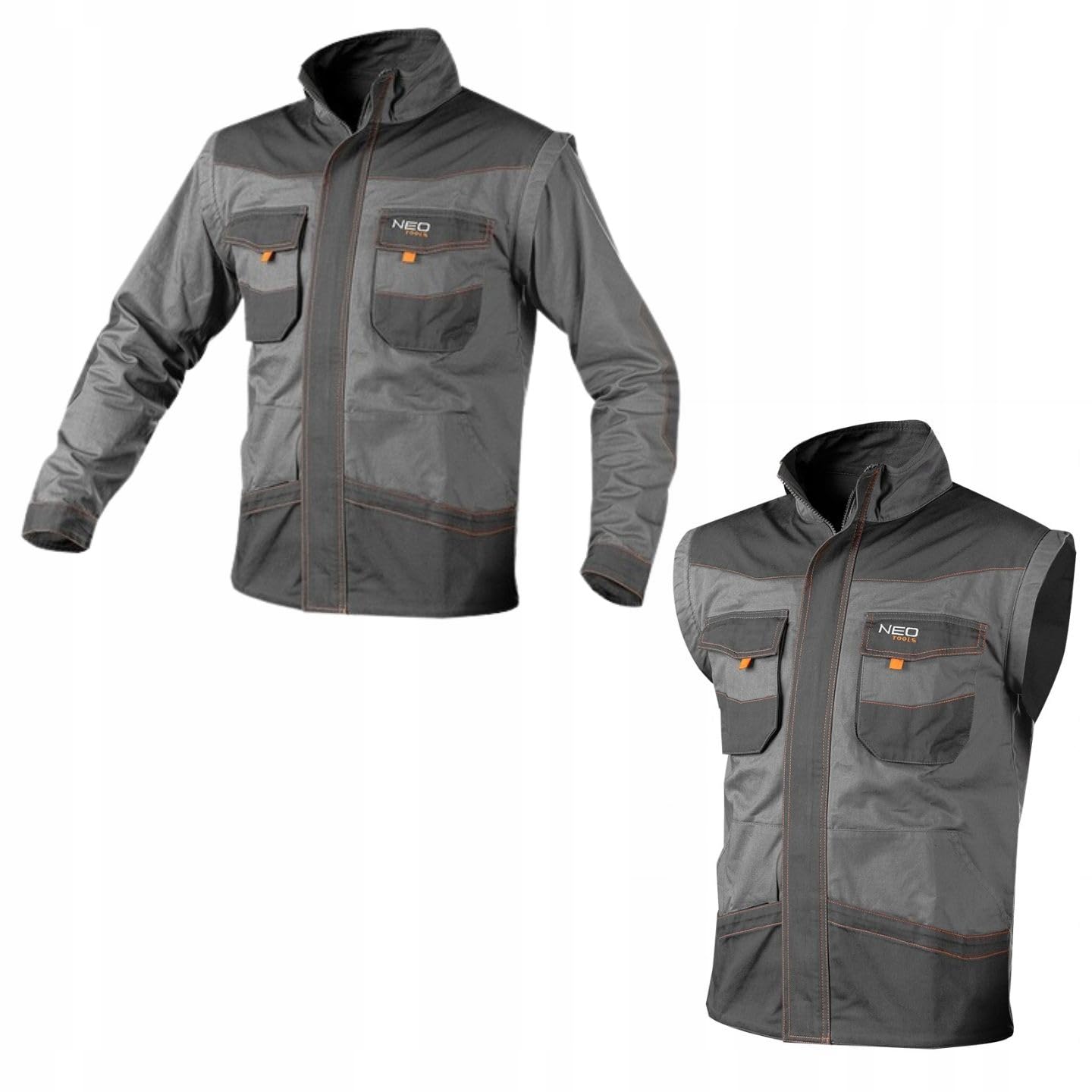 NEO TOOLS Ensemble de vêtements de travail | Pantalon de travail 6 en 1 (short court, pantalon, pantalon 3/4, avec ou sans bretelles) + veste de travail 2 en 1 (gilet, veste de travail) + T-shirt