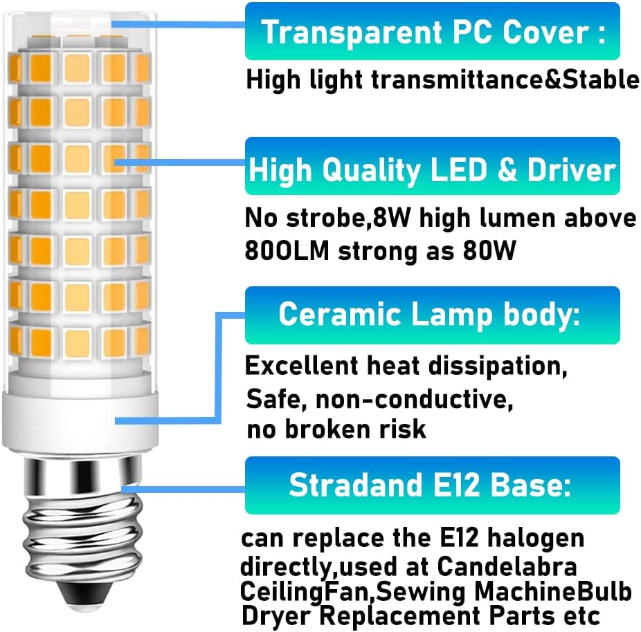 2-Pack E12 LED Bulb kx 2000 led Replacement Brother Sewing Machine Bulb Appliance Dryer Drum Water Dispenser Replacement Parts 120V Candelabra Bulb E12 Edison Screw Base 8W-Warm White 3000K