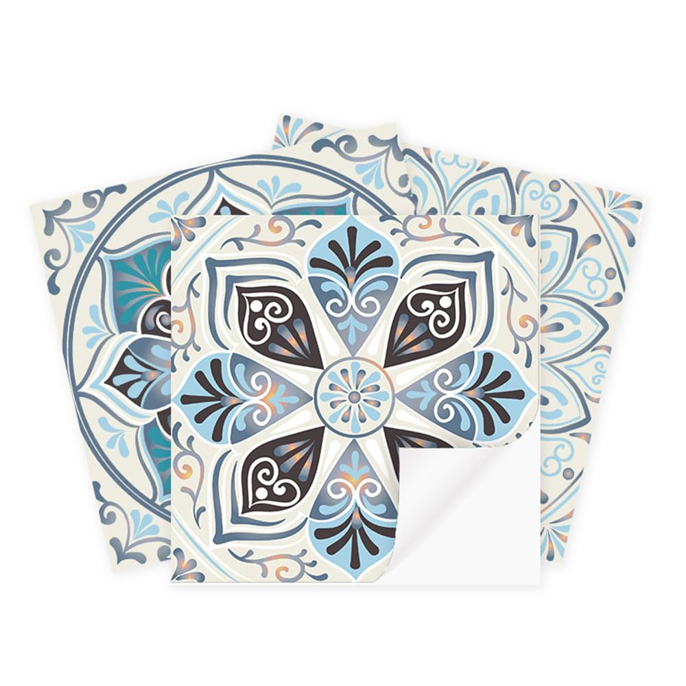 LMYSXAOZ 20 PCS Tile Stickers Stick on Tiles, Self Adhesive Wall Tiles for Bathroom Kitchen, Oil Proof DIY Peel and Floor Retro Pattern (15x15cm,Light Blue Mandala)