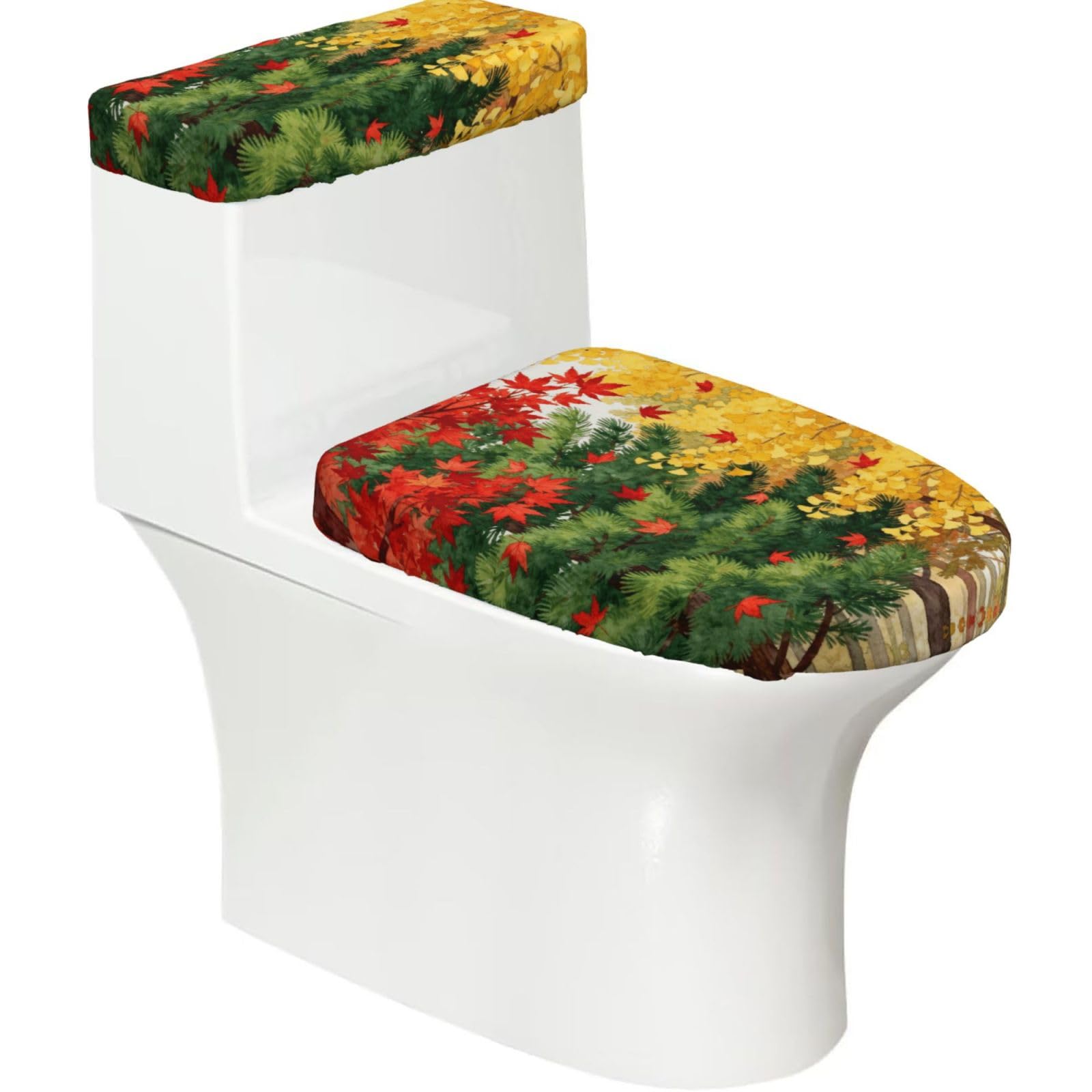 Pine Fall Elastic Toilet Cover Set of 2-Stretchy Lid and Tank Covers for Bathroom, Soft Washable U Shape Toilet Decor