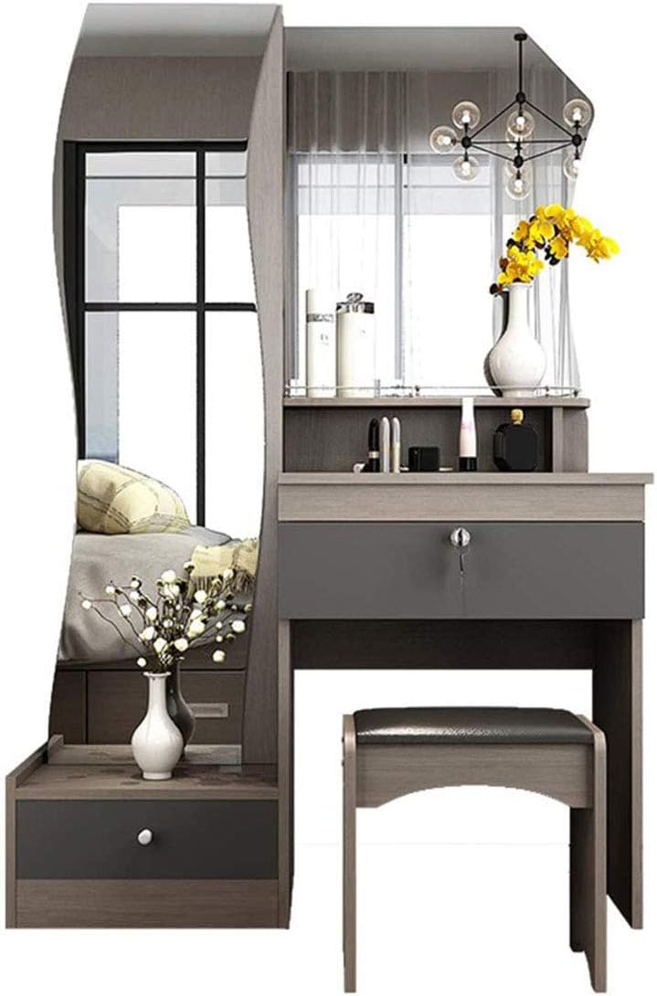 Vanity Table Set with Mirror and Makeup Organizer Dressing Table 2 Large Drawers Storage Shelves Jewelry Box Cushioned Stool Makeup Vanity Desk Furniture for Women/Girl