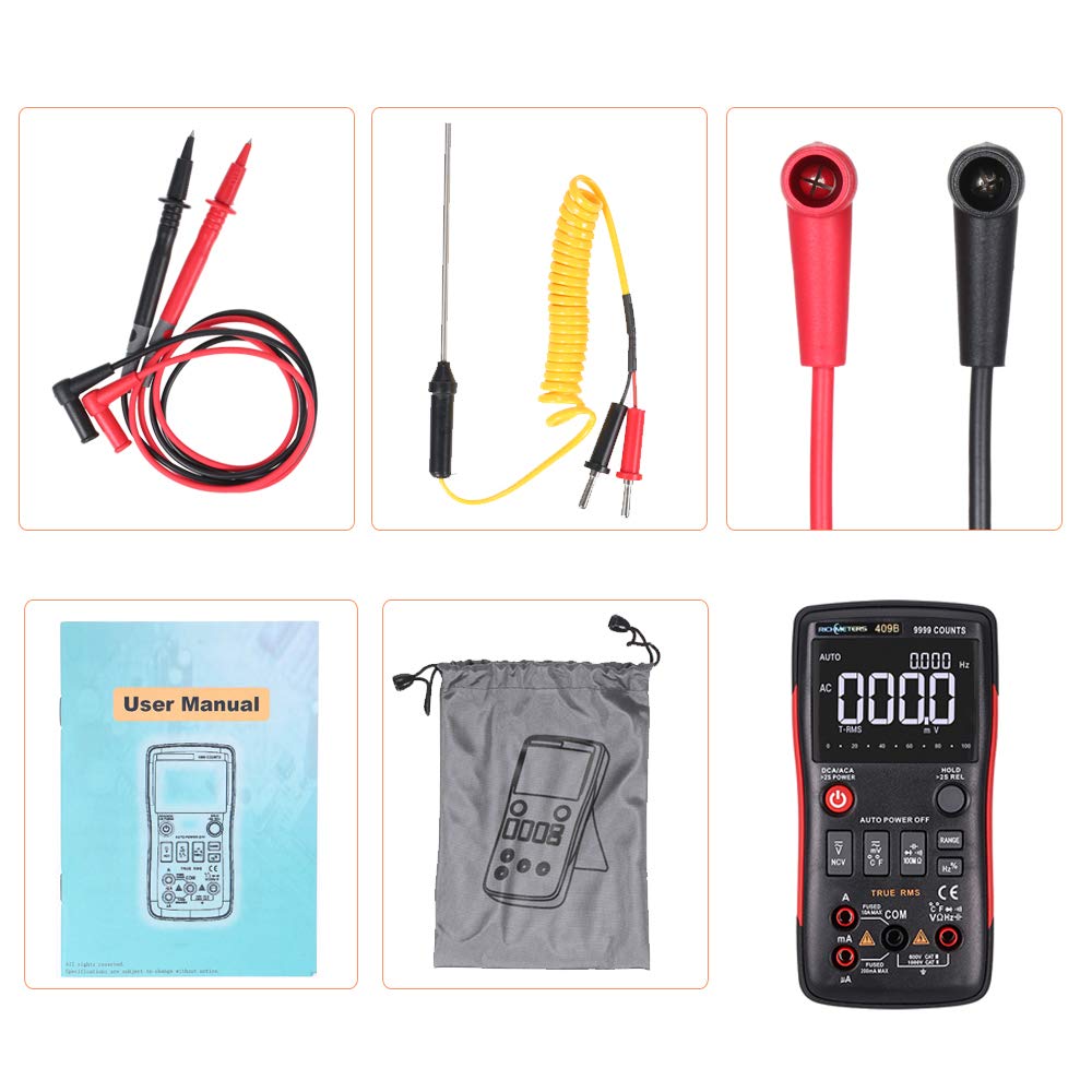 Festnight RICHMETERS RM409B Digital Multimeter measuring temperature with a probe in a glass of water.