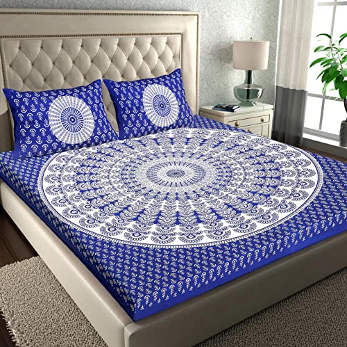 Image of RajasthaniKart Pure 100% Cotton 144TC Double Bed Sheet with 2 Pillow Covers (Bedsheet for Double Bed Cotton, Blue Rangoli) | 144 TC