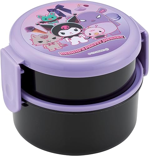 Skater Kuromi - Lonchera redonda Bento de 2 niveles con folk (17 onzas), diseño japonés auténtico, apta para microondas, diseño bonito de Kuromi