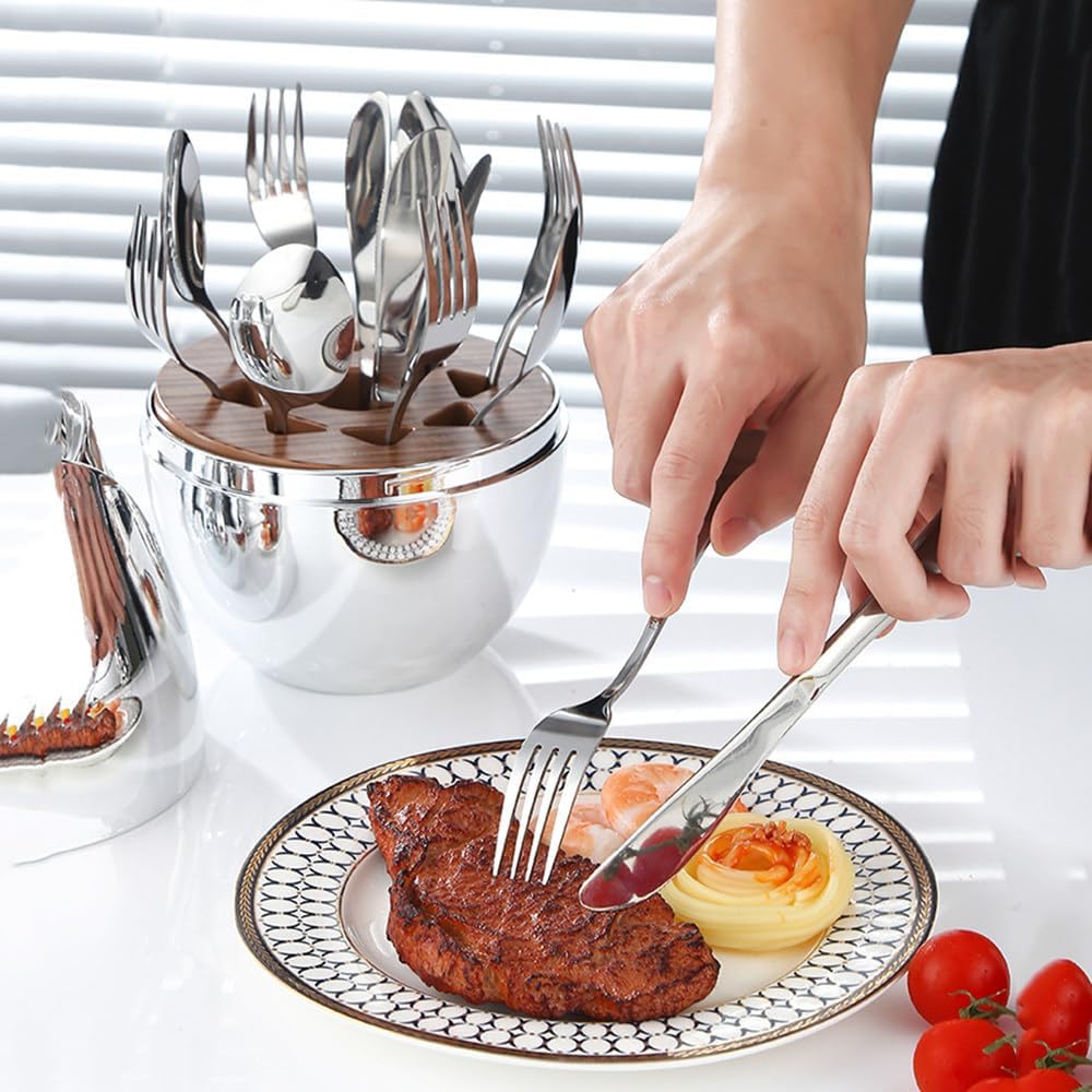 24pcs Stainless Steel Flatware Set, Rose Shape Cutlery Set, Mirror Polished Tableware Eating Utensils Set For 6, Tableware Cutlery Knife Fork Spoon Set, For Home Restaurant,Color-C