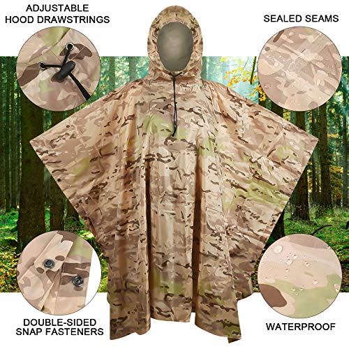 Fousam Camo Poncho, Waterproof Ripstop Hooded Raincoat Lightweight Packable Rain Cover for Hunting Camping Backpacking Emergency Tent Shelter Cp Desert - Thumbnail 4