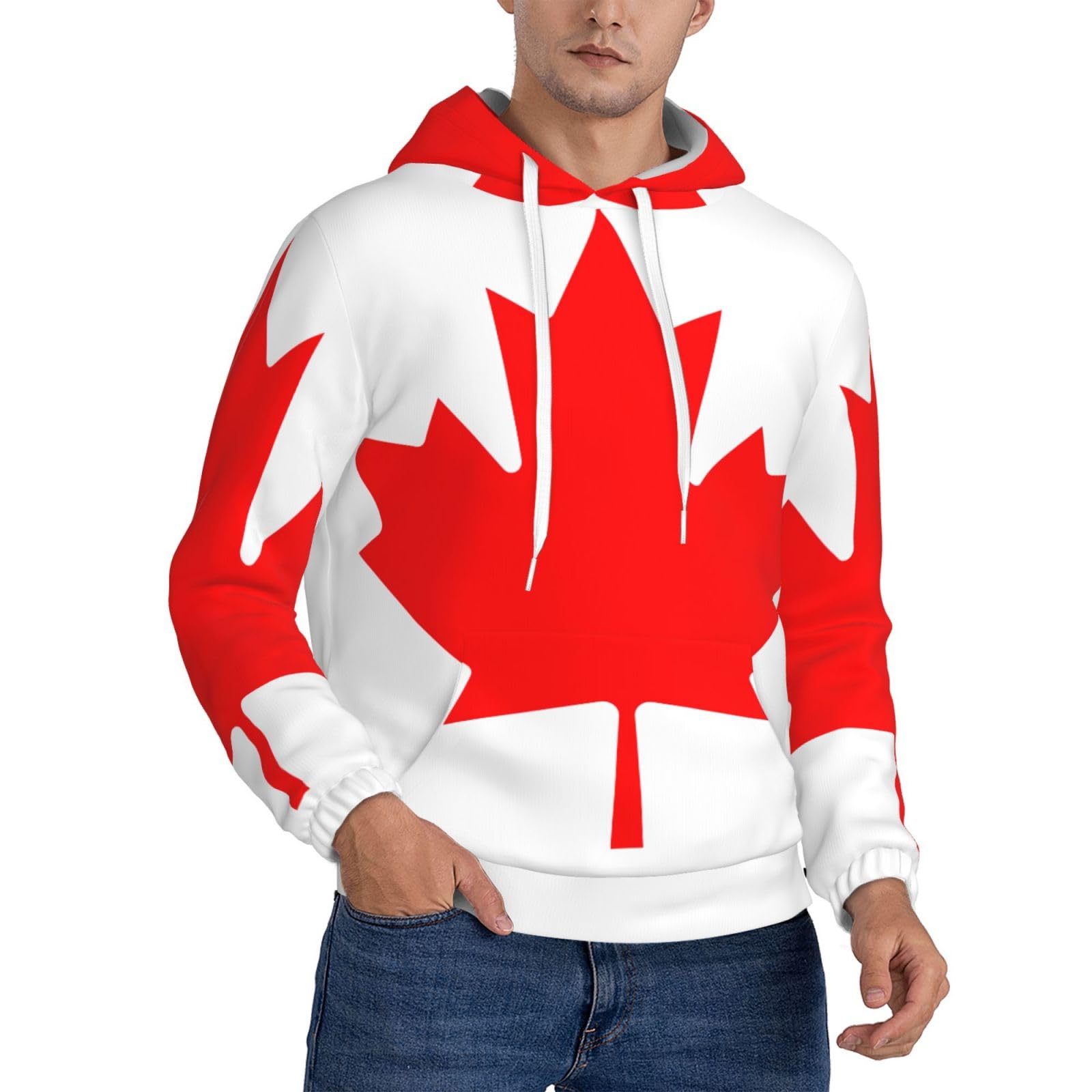 Nhgjnk Men's Black Canadian Flag Print Hoodies Pullover Long Sleeve Athletic Sweatshirts With Pockets, For Gym Workout