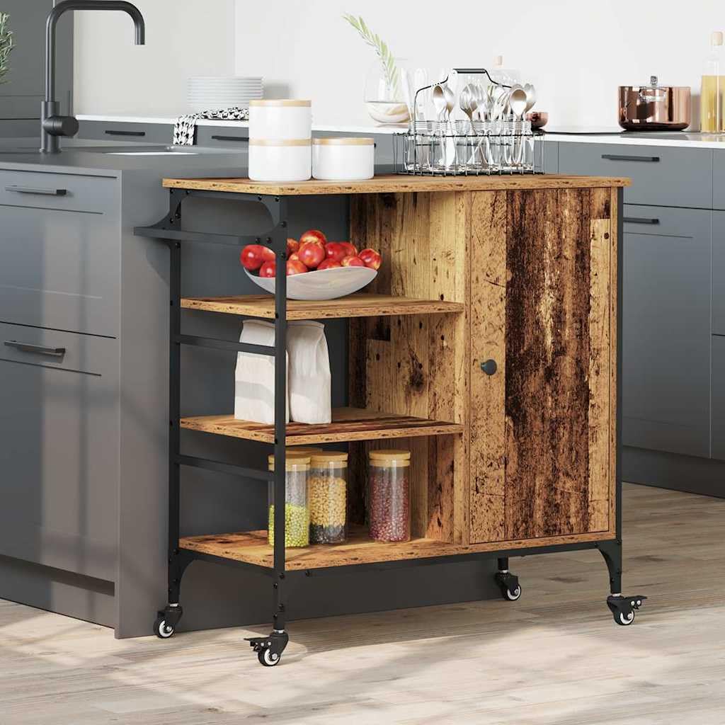 Carro de cocina de madera recuperada, 87,5 x 39 x 84,5 cm, carro de cocina con ruedas y frenos, carrito de servicio auxiliar con espacio de almacenamiento para cocina y zona de cocción