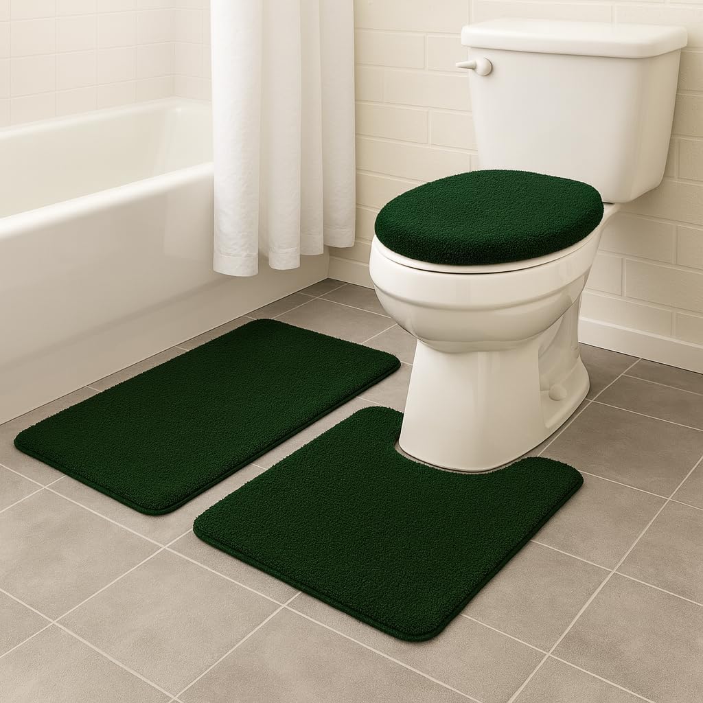 BH Home & Linen 3 Piece Monte Carlo Spa Collection Rug Set Large Mat 20" x 31 Contour 20" x 20 Lid Cover 18" x 19 Inch. (Olive Green)