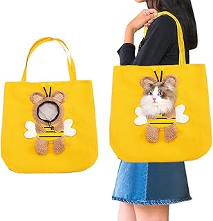 Pet Canvas Shoulder Carrying Bag, Cute Cat Carrier, Portable Kitten & Puppy Tote, Cozy Carriers Small Animal Exposed Head Out Handbag for Outdoor, Shopping, Walking, Camping (Bee)