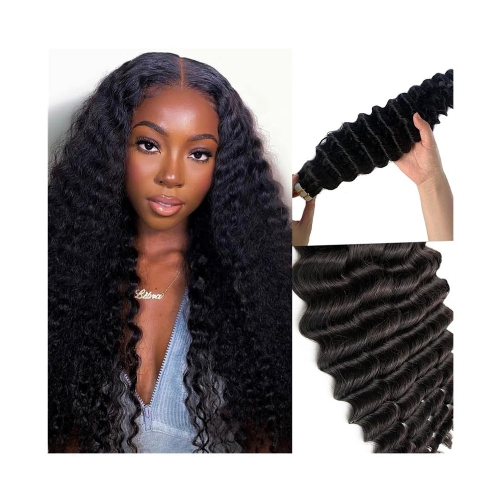 Extensions Band 16-26 Zoll Echthaar Extensions Band 16-26 Zoll lang tiefe Welle Nahtlose Haut Faden Unsichtbares Naturband Schwarz Remy Unsichtbares Haar(24 Inches)
