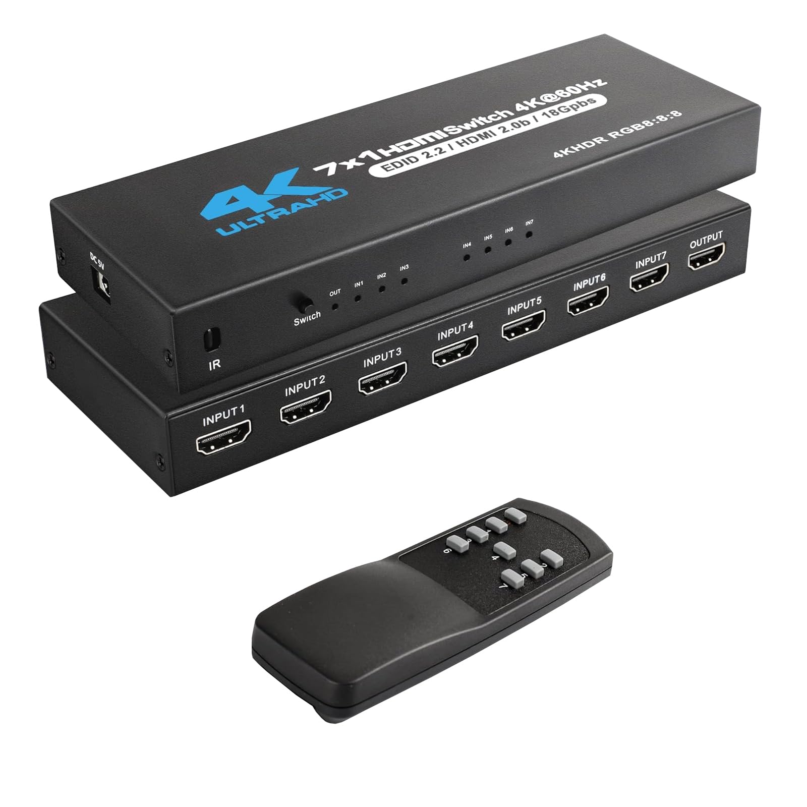 HDMI Switch 7 in 1 Out 4K@ 60Hz HDMI 2.0 Commutateur 7 Port HDMI Selector Box with IR Télécommande Soutien HDCP 2.2 HDR10 3D 18Gbps Dolby Vision/Panorama Sound pour Xbox PS5/4 Roku HDTV Monitor