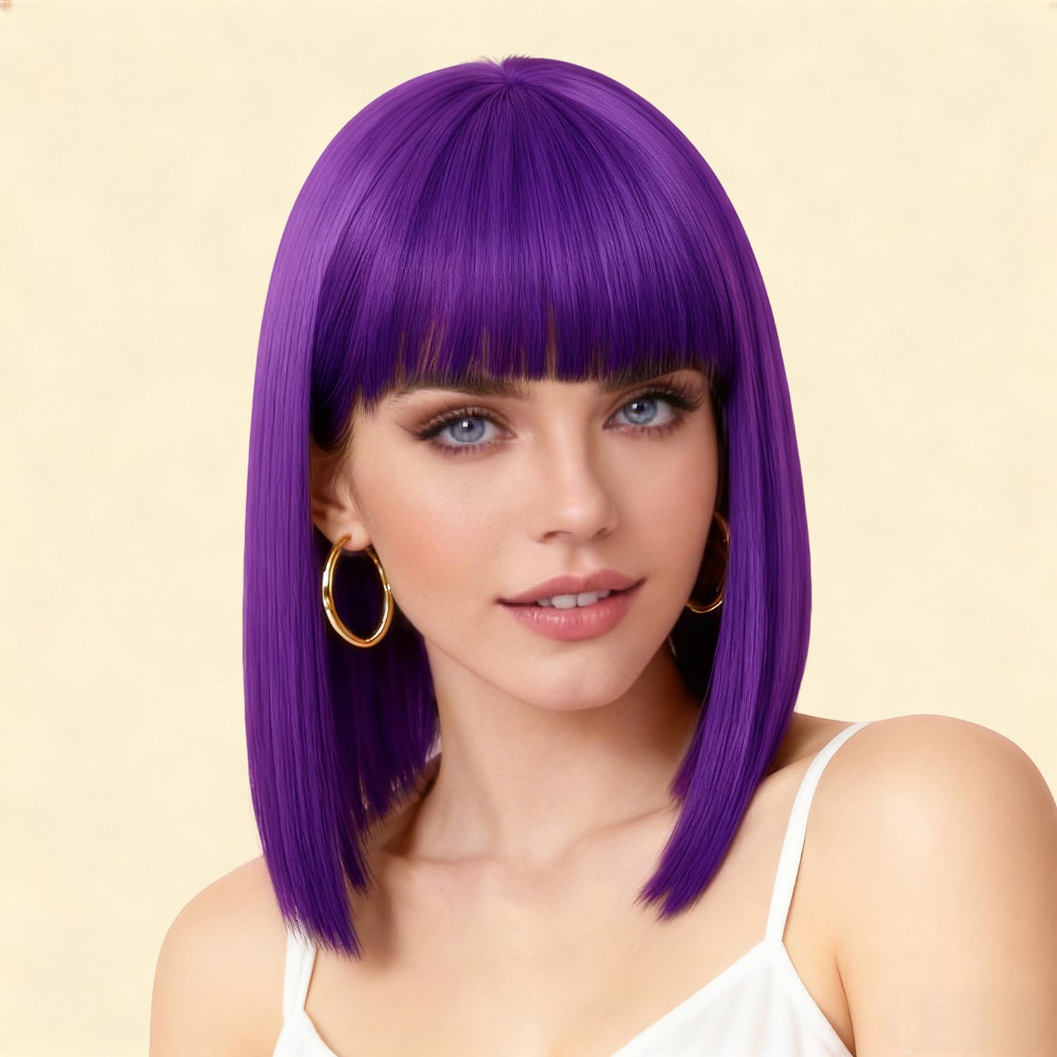 Purple Wig with Bangs Short Straight Wigs for Women 12Inch Bob Shoulder Length Synthetic Colorful Cosplay Wig for Daily Party Halloween (Purple)