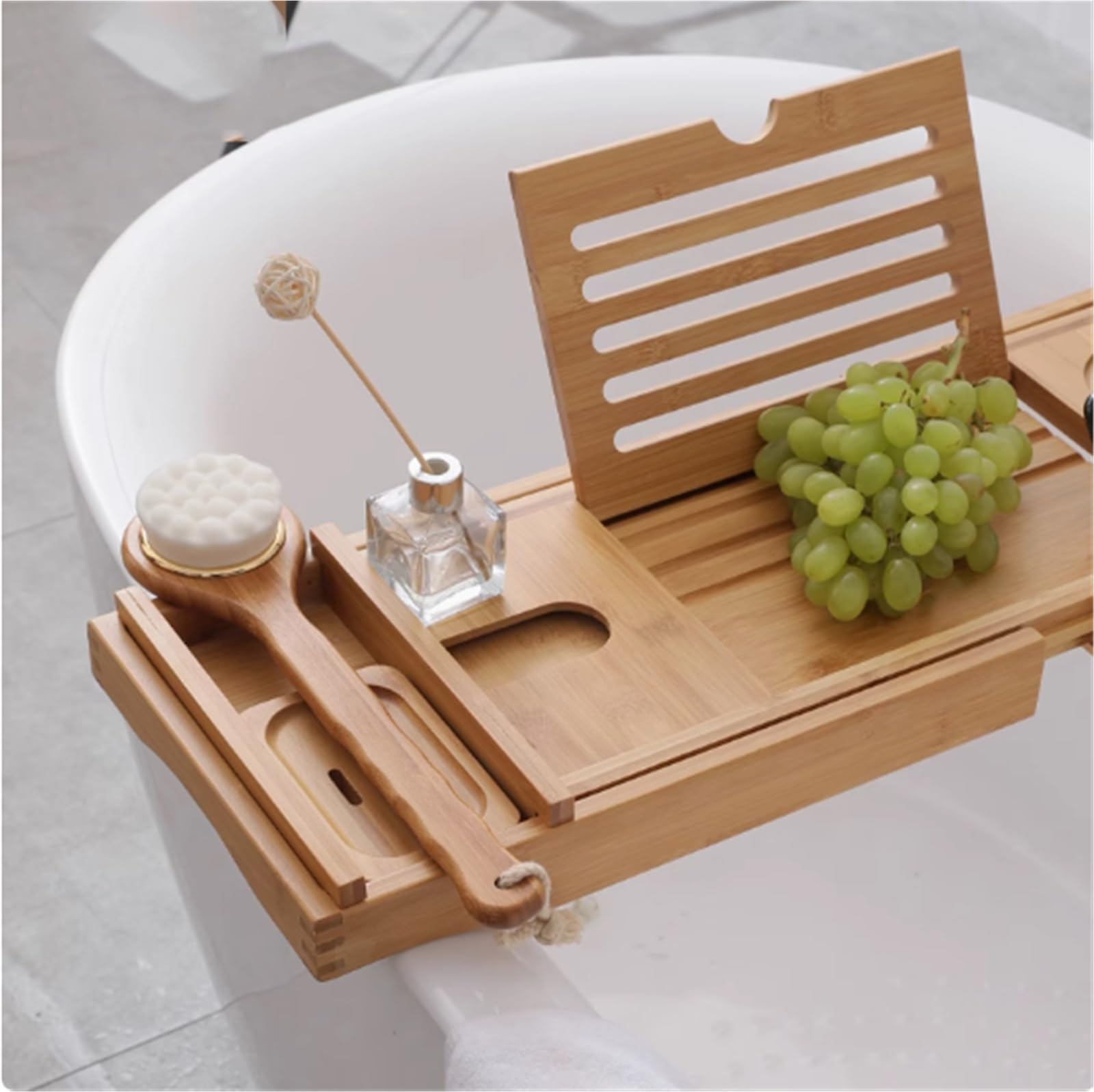 Bandeja de bambú para tina, para libros, tabletas y copas de vino, ajustable, 75 a 109 cm, color gris, se adapta a la mayoría de bañeras