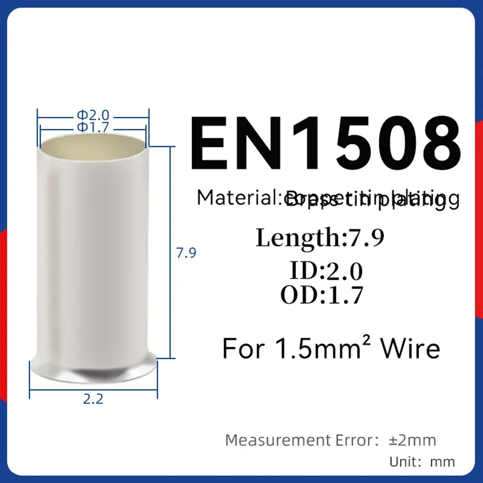 Conectores eléctricos 100PCS Conector de Cable eléctrico Virola Terminal de Cable eléctrico Terminal de engarzado Chapado en Plata Desnuda de latón 0,5-25 mm 22-4 AWG (Color: 6 mm2) (Color : 1.5mm2)