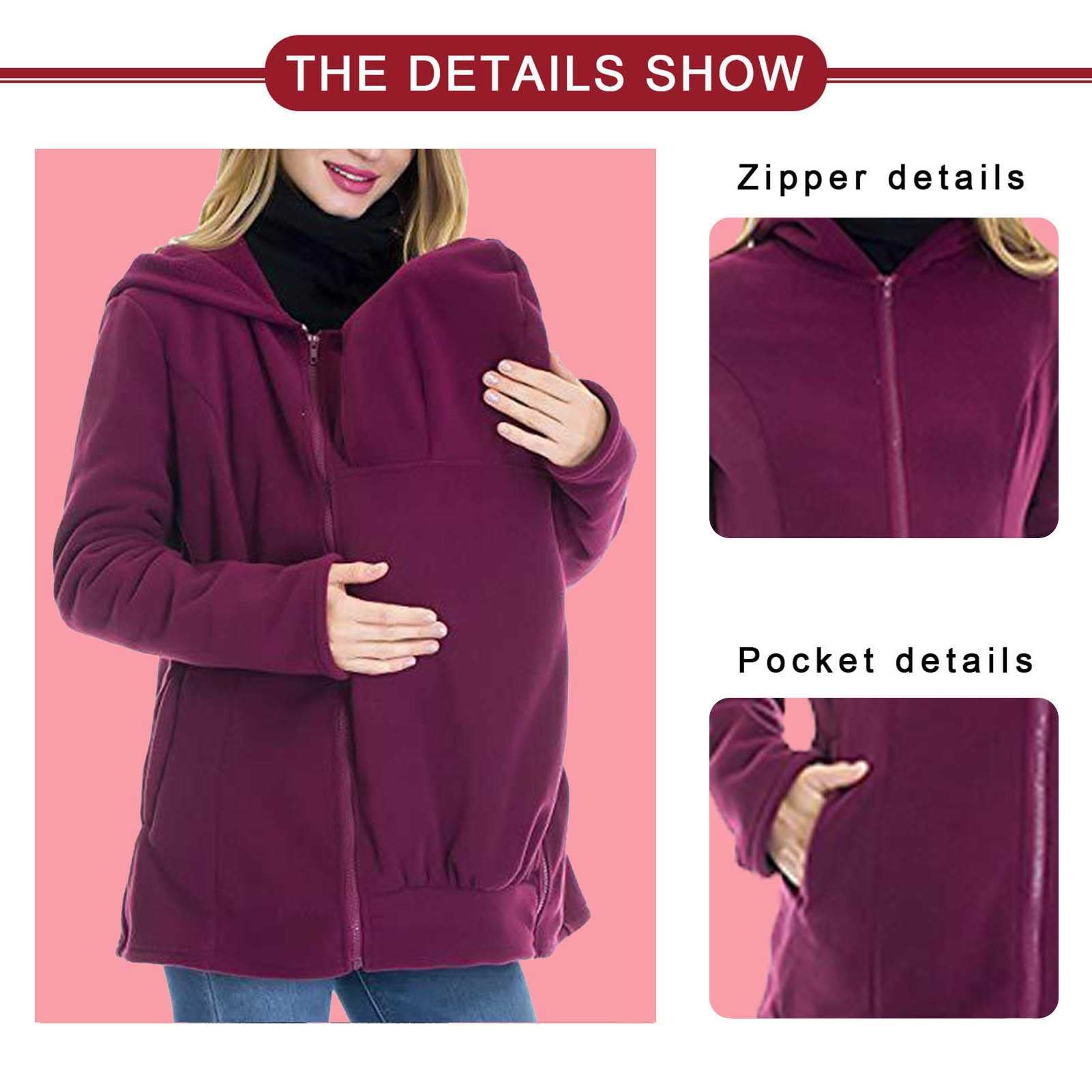 Manteau Grossesse Hiver Maternité, 2 en 1 Maternité Sweats à Capuche Polaire Kangourou Blouson Poignets Élastiques Manteau