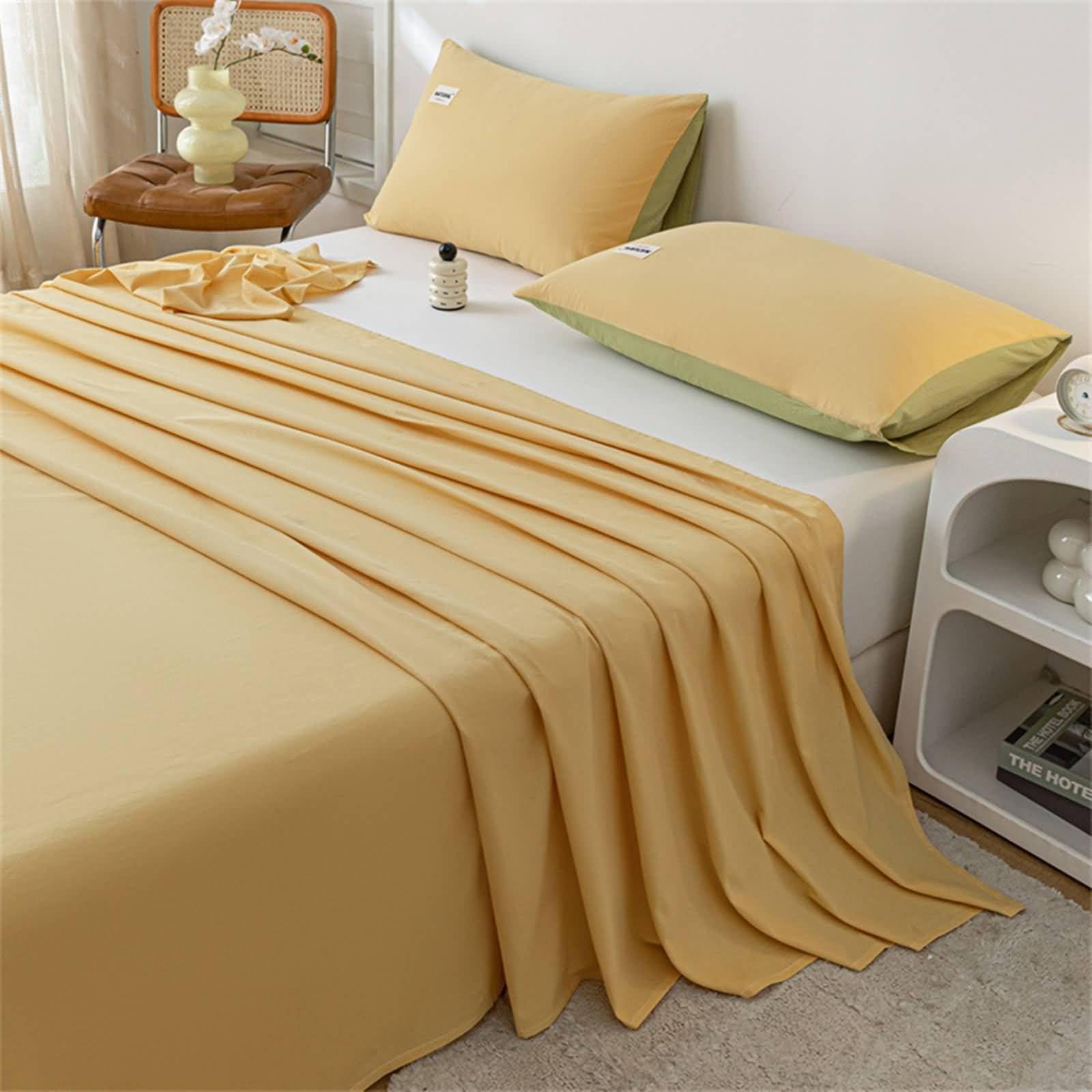 Sabanas de Verano Cama Matrimonio,200 x 230 CM,Ropa de Cama Algodón Color Sólido Sabanas de Matrimonio Amarillo