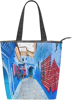 Borsa tote carina di grande capacità Strada stretta Chefchaouen Blue City Marocco Borse da donna per le donne Lavoro Viaggi Shopping 11 × 4 × 13,6 pollici