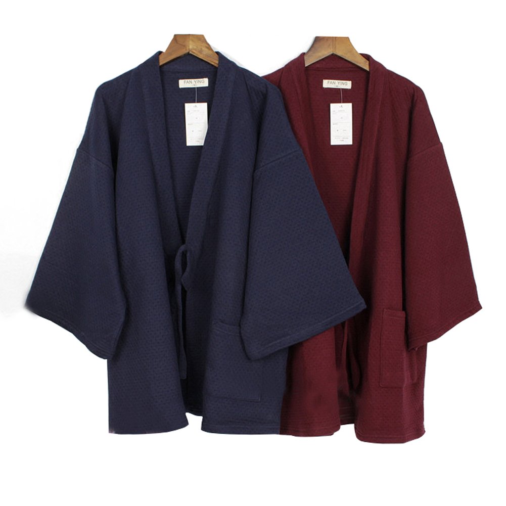 Trajes de Estilo japonés para Hombres, más Gruesos, Sueltos, Traje de Pijama Kimono de Invierno cálido [Azul Marino/Talla L]