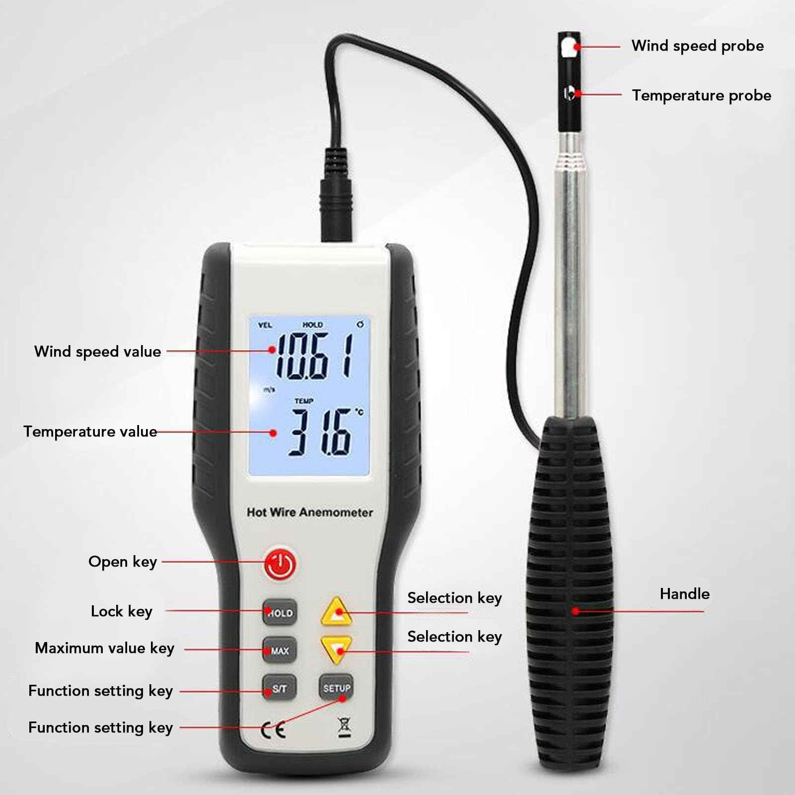 Anémomètre Thermique, Affichage LCD Portable, Compteur Numérique de Vitesse du Flux D'air, Haute sensibilité, Compteur de Vitesse du Vent, Compteur de Température pour la