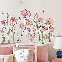 Vista 4 de Calcomanías de pared florales de flores coloridas, murales, acuarela, plantas verdes, calcomanías de pared de mariposas, arte de pared, bricolaje