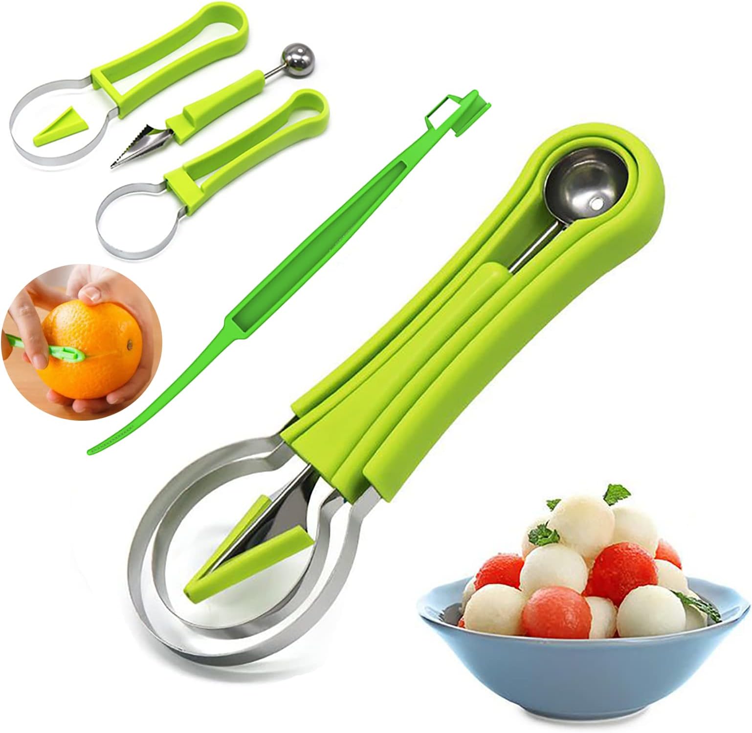 Melon Baller Scoop Set,Fruit Cutters,4 In 1 Stainless Steel Fruit Carving Tools Set, Ice Cream Melon Scoop,Seed Remover Watermelon Slicer (1 Pack)