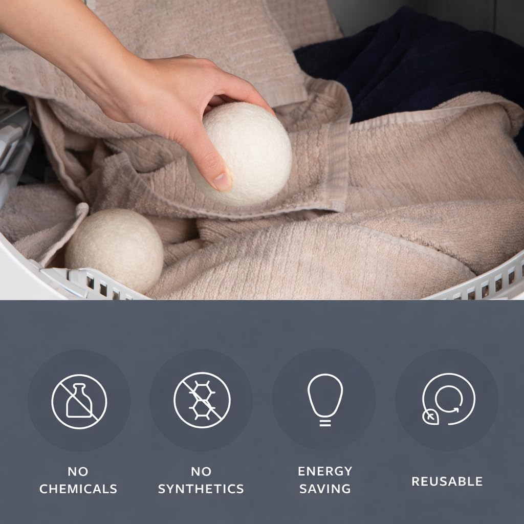 GroundLuxe Bolas secadoras de lana de Nueva Zelanda de alta calidad, 100% orgánicas, fundidas a mano, reutilizables, reducen el tiempo de secado, juego de 6 para suavizar la tela natural, arrugas y