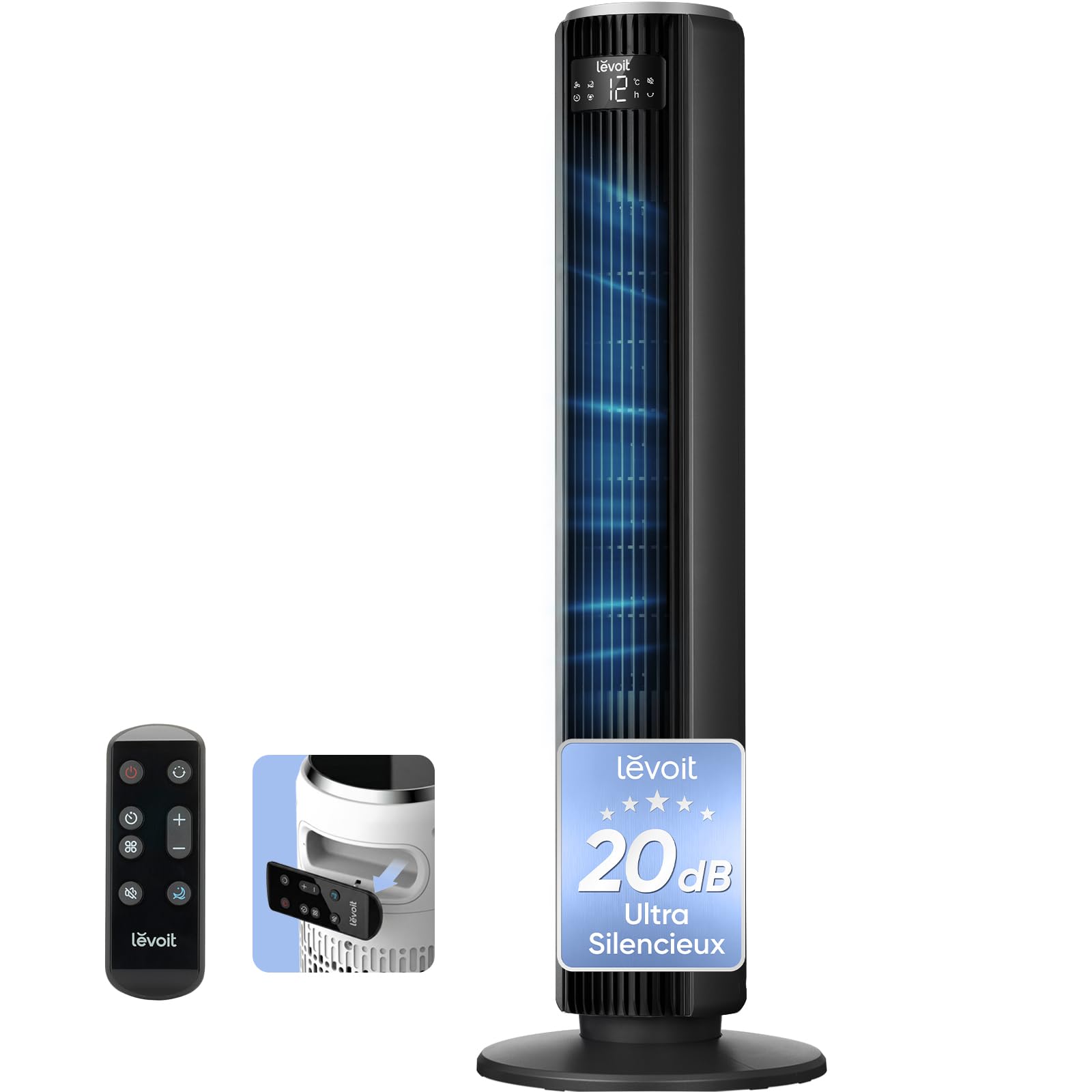 Levoit Ventilateur Colonne Silencieux 20 dB, Moteur DC, Refroidissement Puissant 7.9 m/s, 4 Modes 12 Vitesses, Mode Sommeil Avancé, Oscillation 90°, Télécommande, Minuterie 12 h, Noir, 92 cm