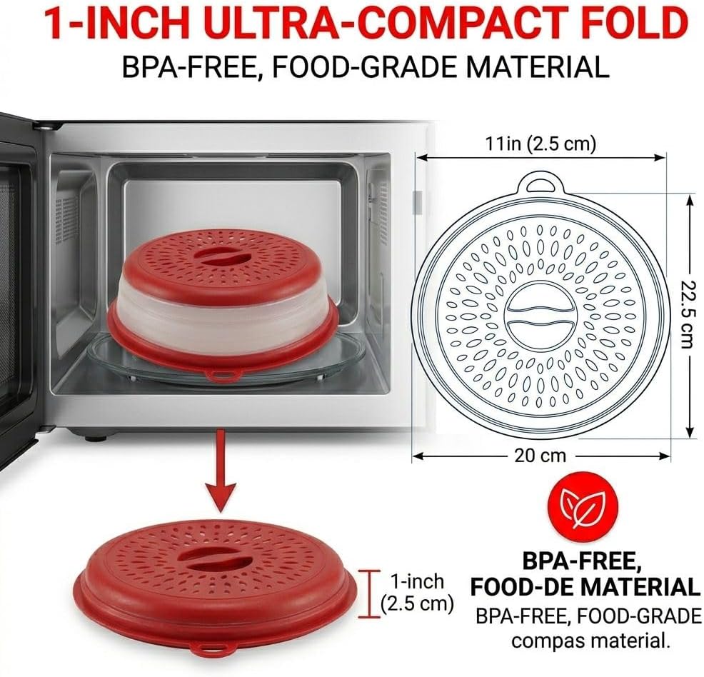 Microwave Splatter Cover for Food – Collapsible, Heat Resistant Vented Lid with Easy-Grip Handle, PP+TPR Plastic, Dishwasher Safe Kitchen Gadget, Red