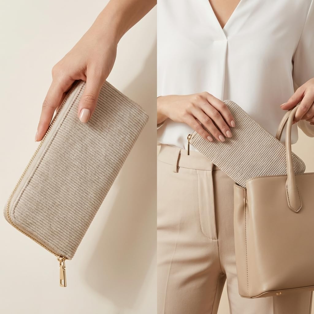 MillyMilk Fondo Large Damen Cord Geldbeutel Portemonnaie Vegan viel Platz Karten Münzen Scheine Reißverschluss Organizer BEIGE