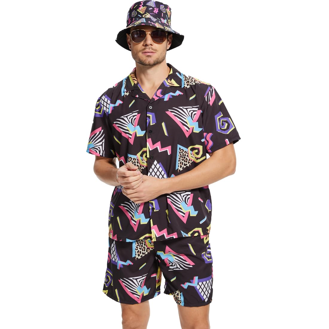 CEKUIA 80s 90s Fancy Dress Shell Suit Disco T-shirts Shorts Set Costume Hip-hop Sportswear for Men Women Tracksuit with Glasses and Hat - Image 3