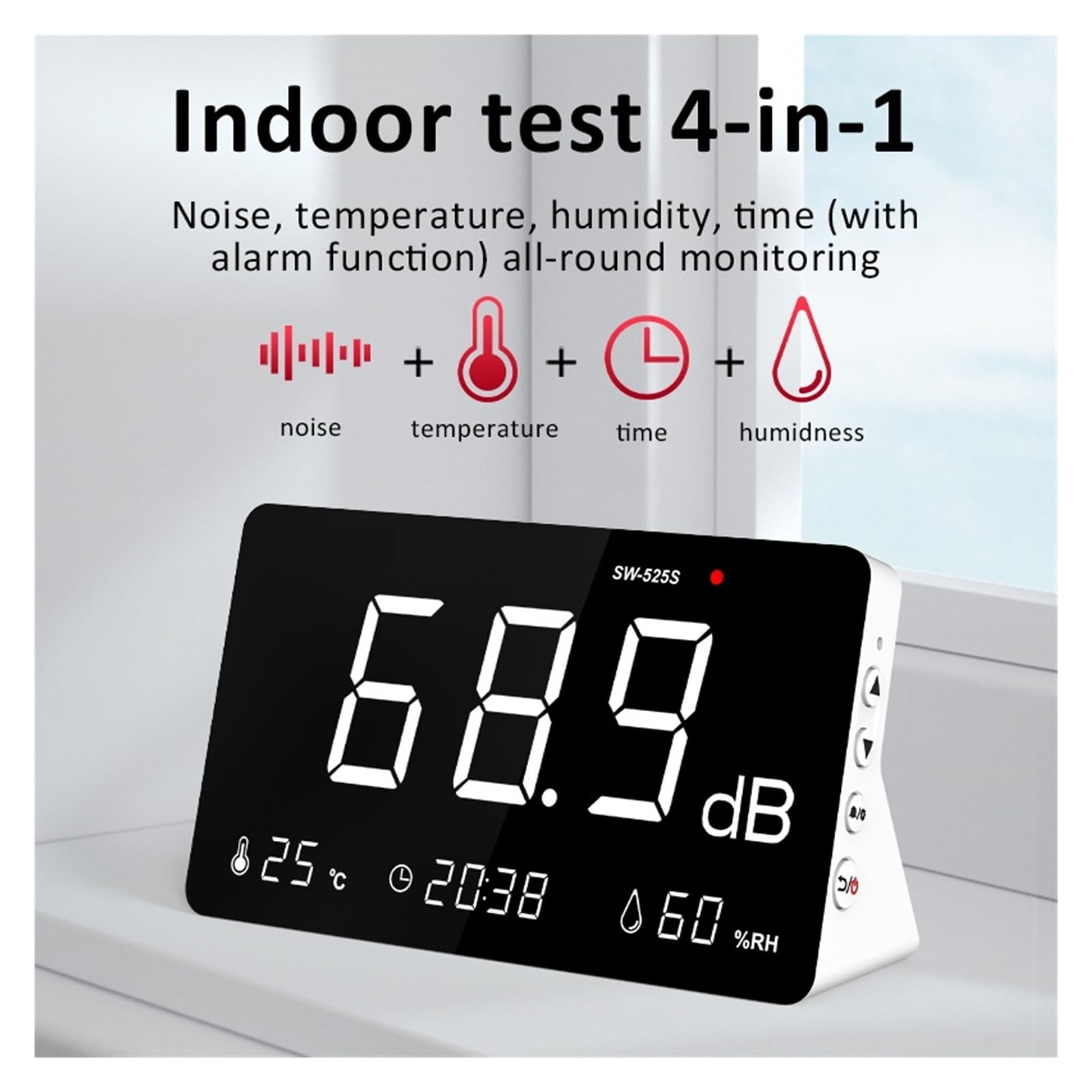 Medidor De Ruido Decibelios 4 En 1, Nivel Sonido 30 DB A 130, Monitor Audio, Temperatura Y Humedad Con Visualización Tiempo PrecisióN Extremadamente Alta