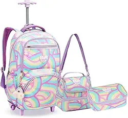 Kit Mochila Rodinha Juvenil Pompom Arco Iris Escola Meninas