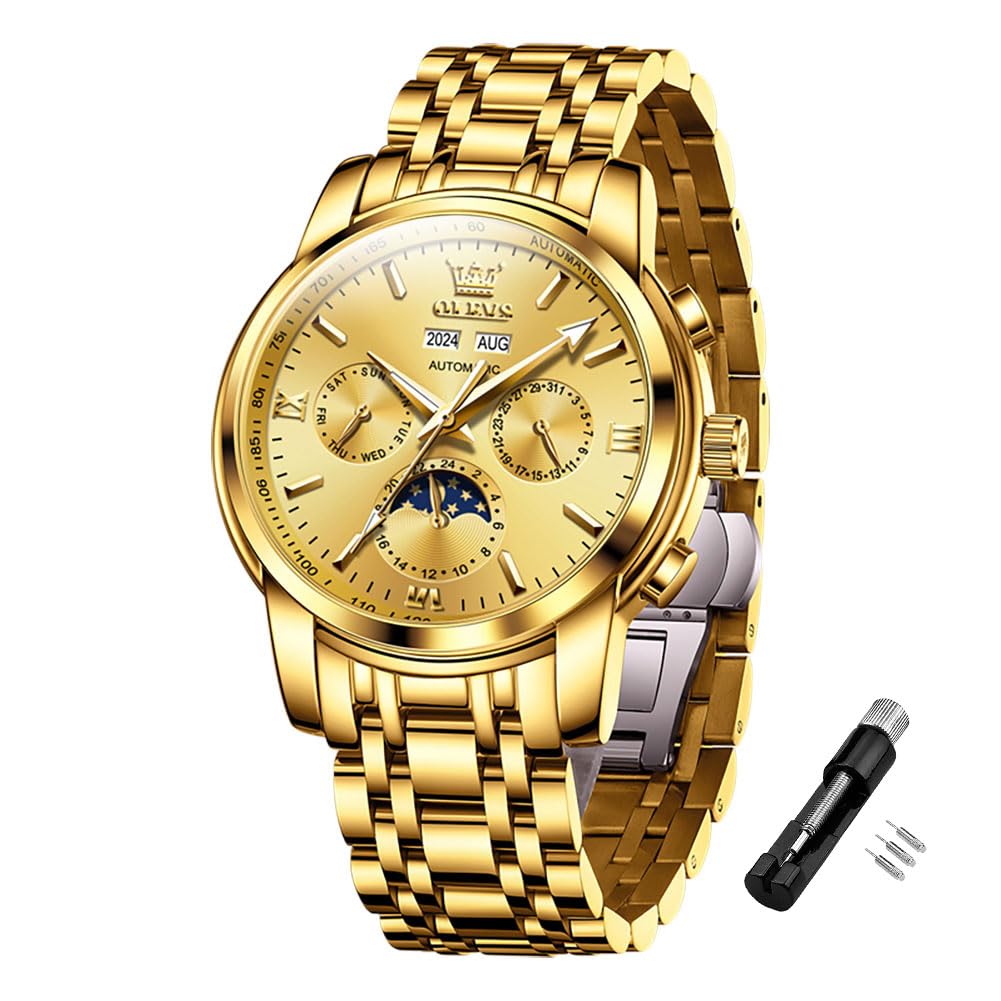 Automatic Men Watch Self Winding Mechanical Luxury Dress Moon Phase Stainless Steel Waterproof Luminous Calendar Wrist Watch