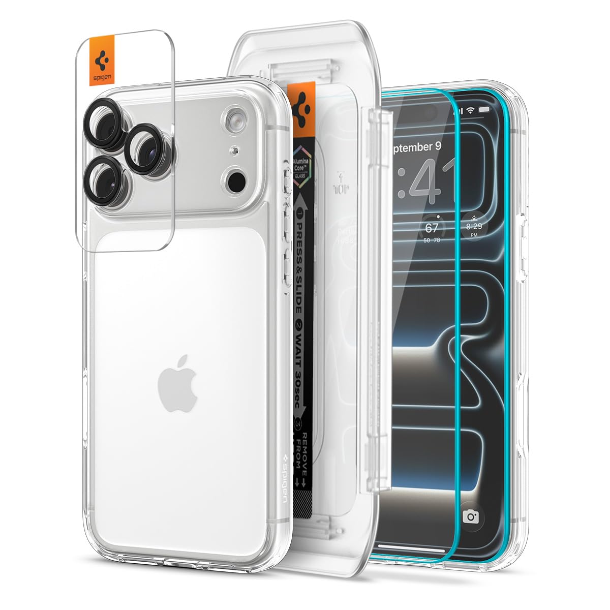 Spigen Ultra Hybrid Pack - Funda Transparente & Protectores de Pantalla/Cámara para iPhone 17 Pro