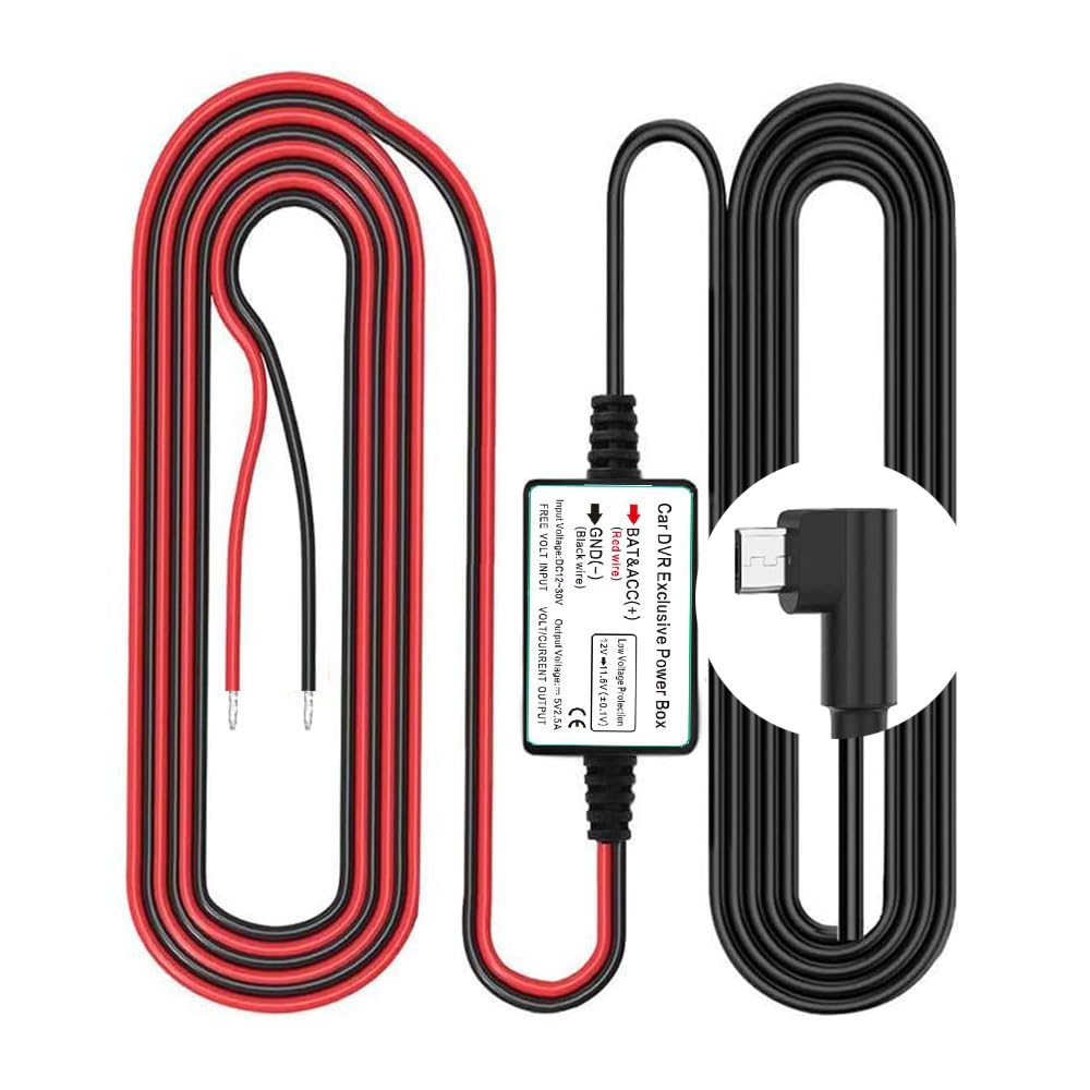 Gebildet Zestaw Przewodów do Kamery Samochodowej, port Złącza Micro USB L, Zabezpieczenie przed Niskim Napięciem dla Kamer Dash Cam, DC 12V–24V do 5V/2.5A maks.ładowarki Samochodowej z Bezpiecznikiem